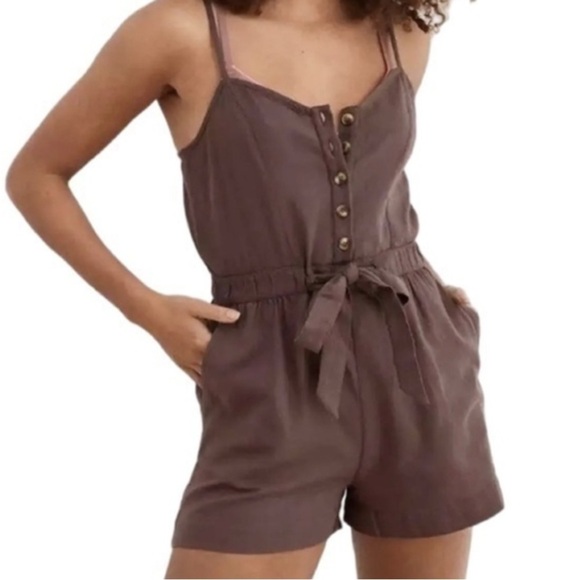 Aerie romper shorts xxl Spaghetti Strap Button Top Brown One Piece linen - Picture 1 of 6